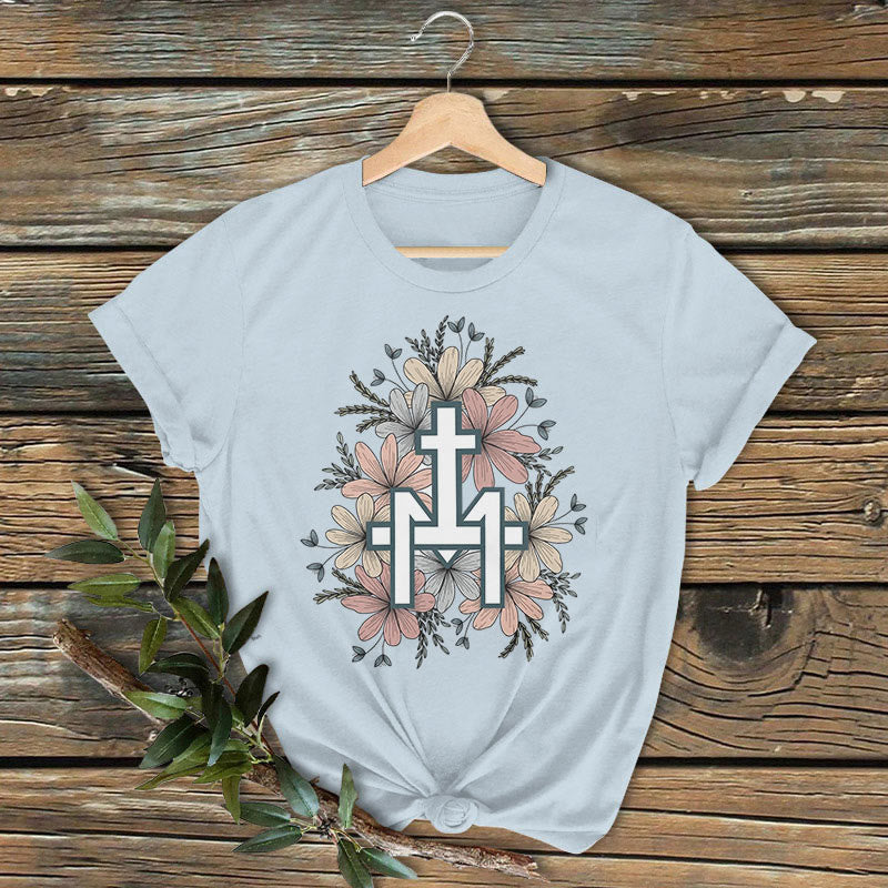 Christianartworkshop Classic Colored Style Floral Marian Cross Short Sleeve Washed T-shirt
