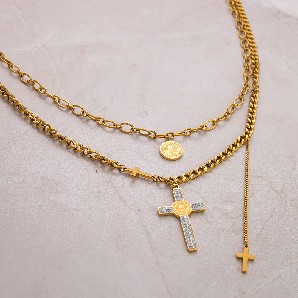 christiandiscipleshop Layered Necklace Style St. Benedict Cross Pendant Mixed Chain Necklace