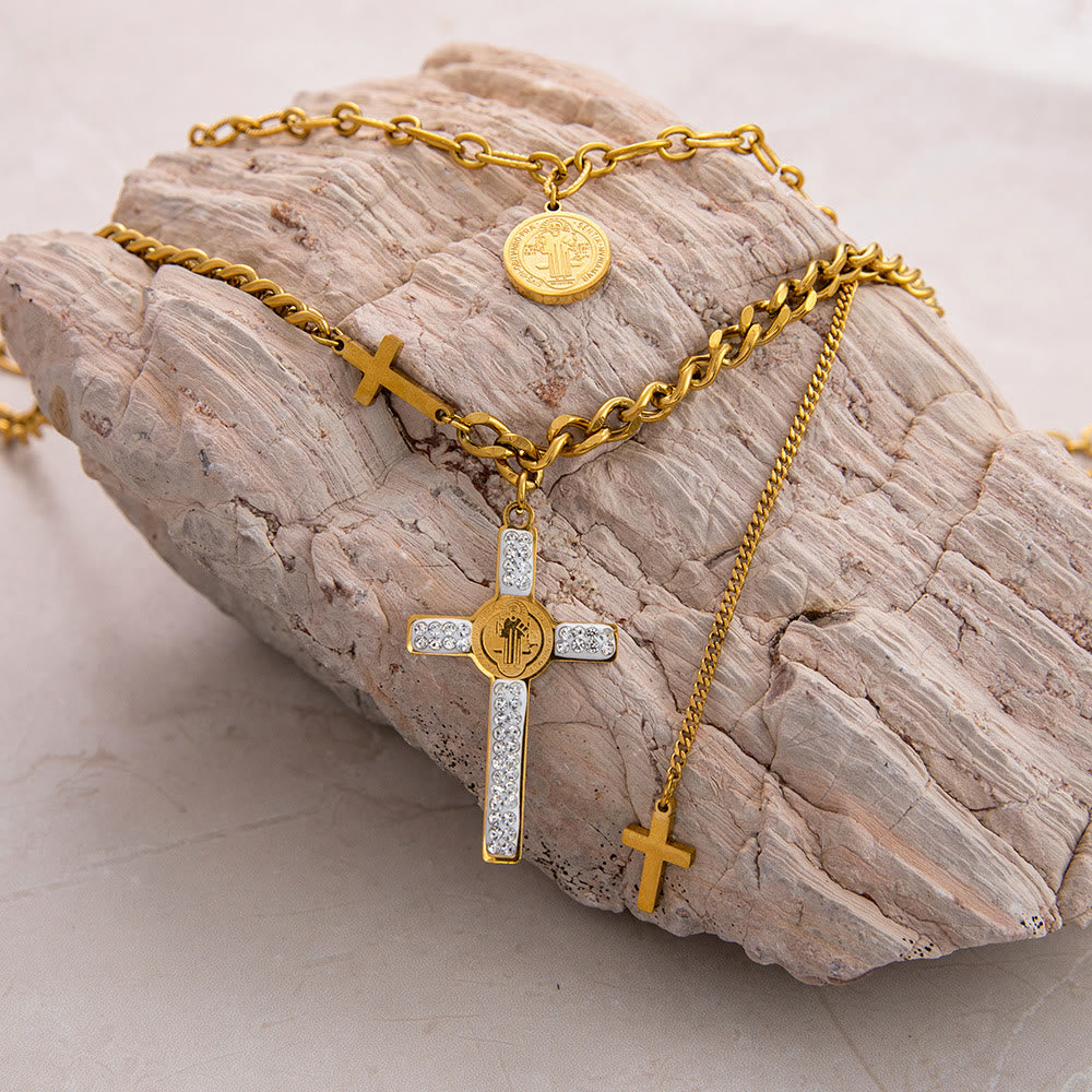 christiandiscipleshop Layered Necklace Style St. Benedict Cross Pendant Mixed Chain Necklace