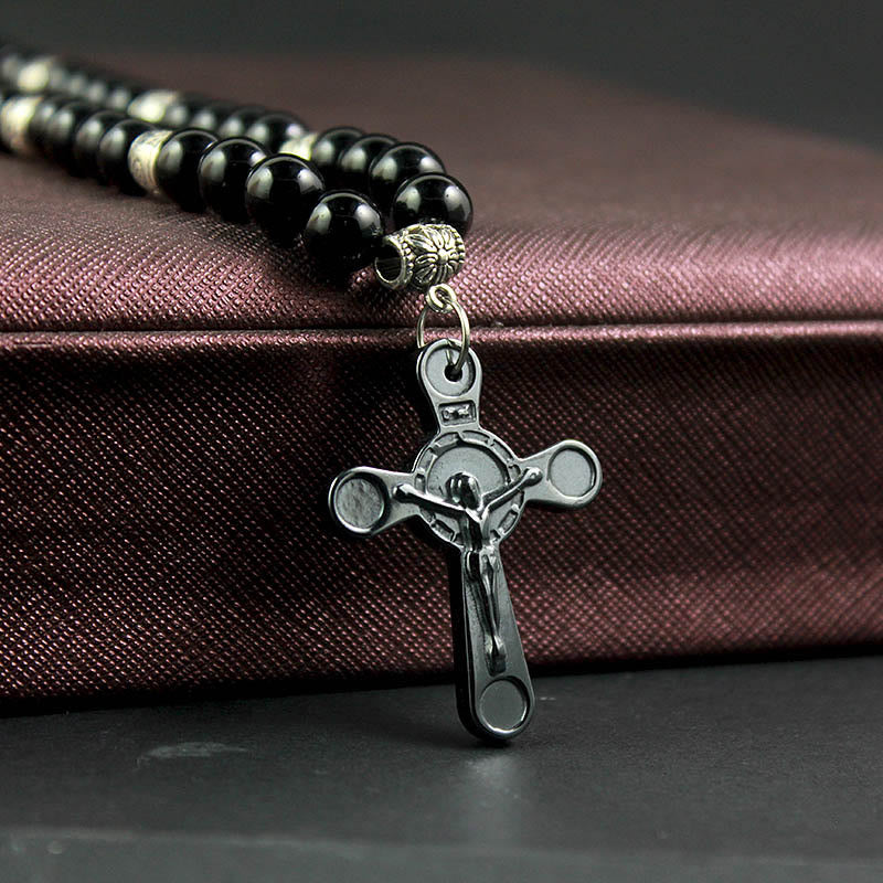 Christiandiscipleshop Retro Noble Style Crucifix Black Gallstone Beads Pendant Necklace