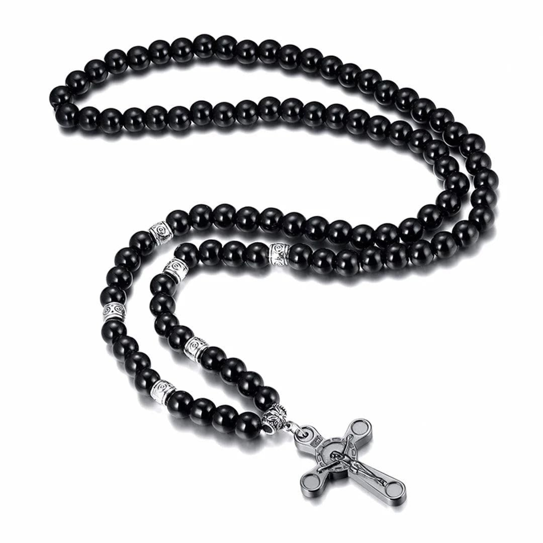 Christiandiscipleshop Retro Noble Style Crucifix Black Gallstone Beads Pendant Necklace