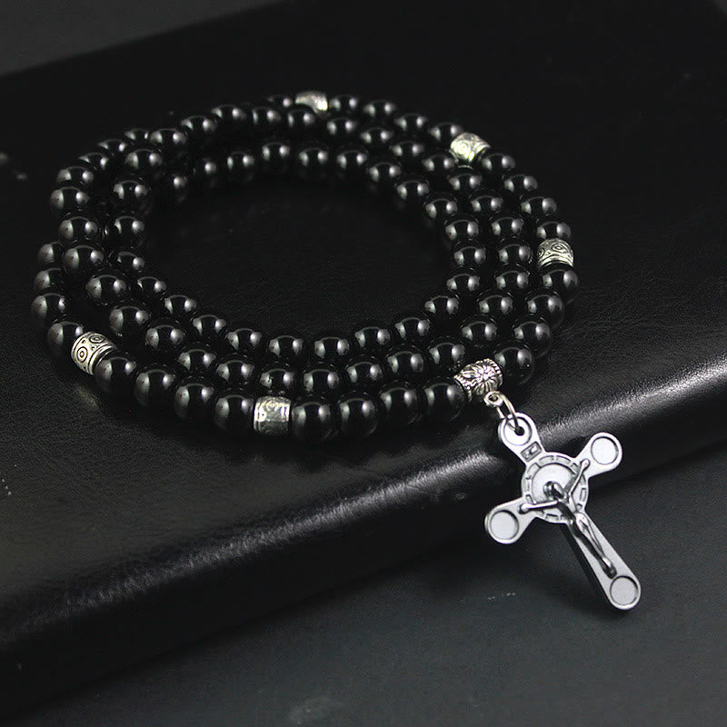 Christiandiscipleshop Retro Noble Style Crucifix Black Gallstone Beads Pendant Necklace