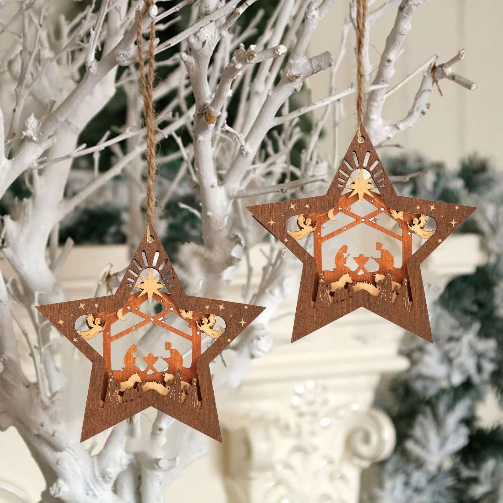 Christiandiscipleshop Rustic Style Layered Wooden Pendant Five-pointed Star Christmas Nativity Ornaments