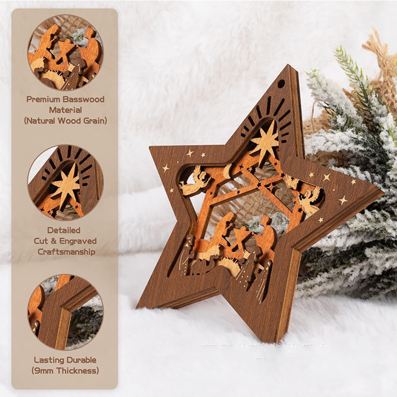 Christiandiscipleshop Rustic Style Layered Wooden Pendant Five-pointed Star Christmas Nativity Ornaments