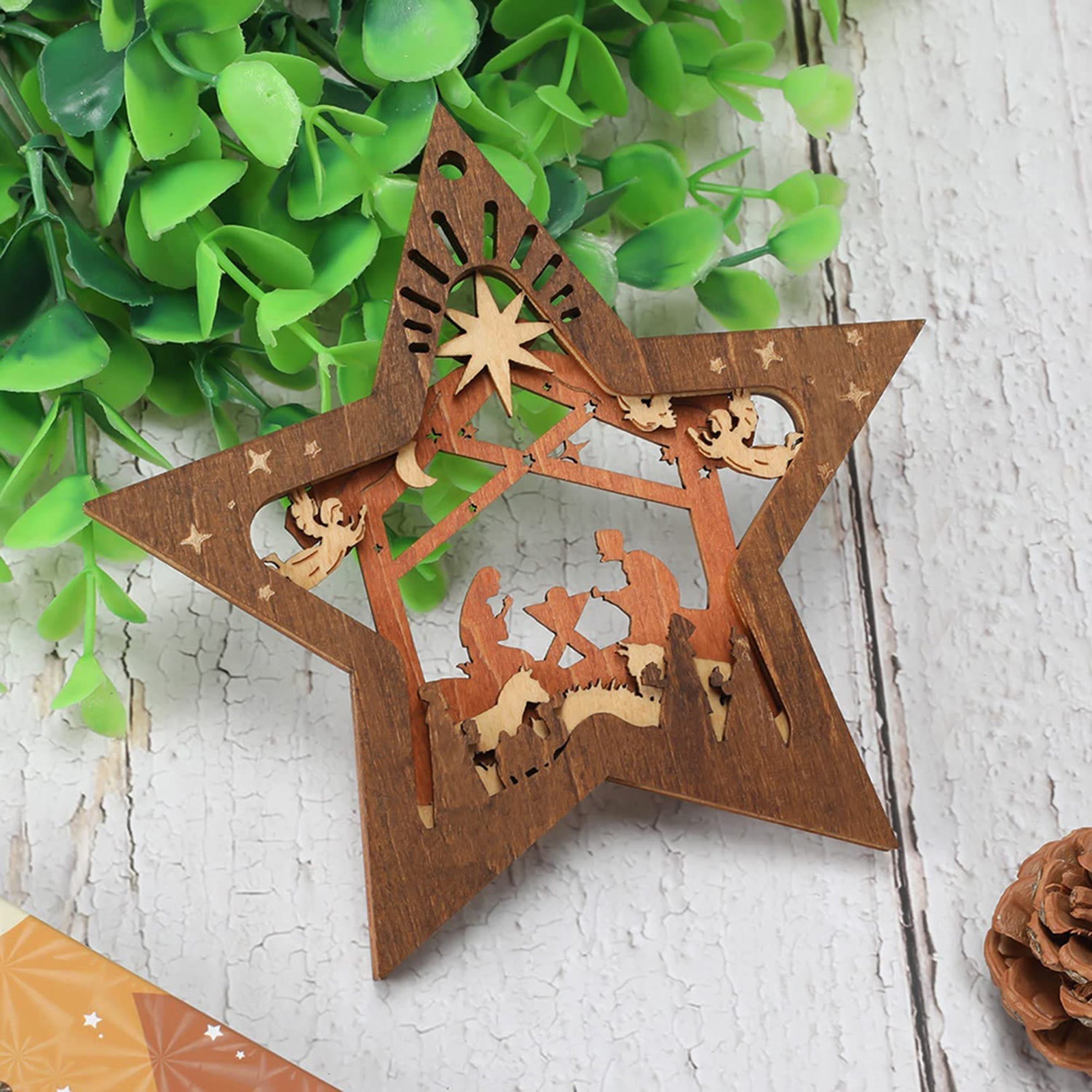 Christiandiscipleshop Rustic Style Layered Wooden Pendant Five-pointed Star Christmas Nativity Ornaments