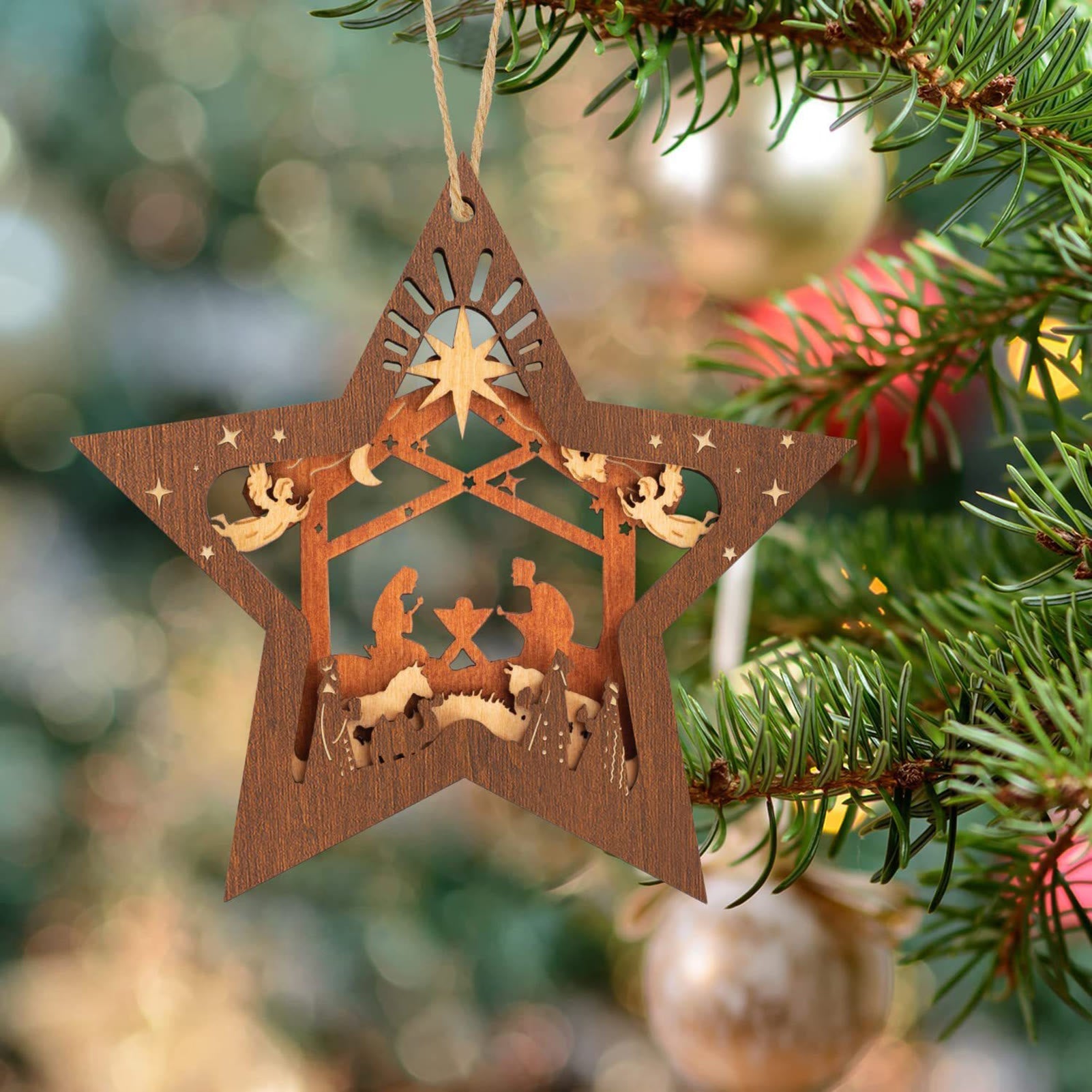 Christiandiscipleshop Rustic Style Layered Wooden Pendant Five-pointed Star Christmas Nativity Ornaments
