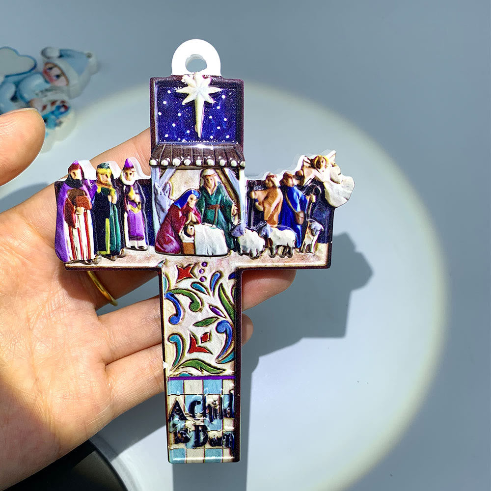 Christiandiscipleshop Retro Colorful Style Hanging Pendant Jesus Born Cross Christmas Nativity Ornaments