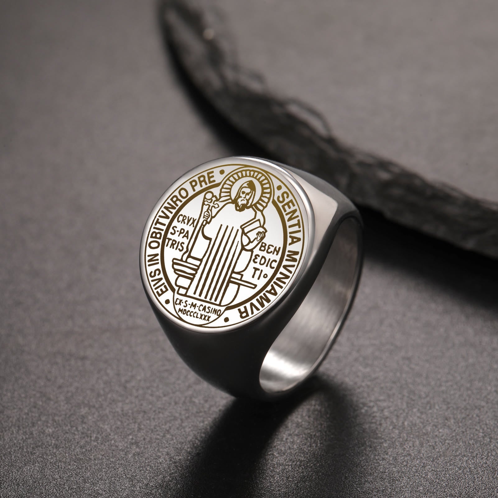Christiandiscipleshop Retro-pop Style Engraved St. Benedict's Exorcism Medal Stainless Ring