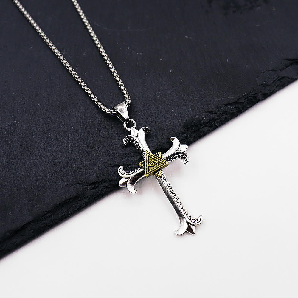 Christiandiscipleshop Fashion Sober Style Cross of God's Eye Square Pearl Chain Pendant Necklace