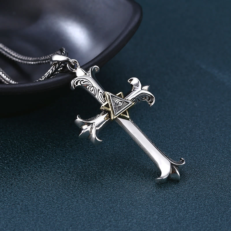 Christiandiscipleshop Fashion Sober Style Cross of God's Eye Square Pearl Chain Pendant Necklace