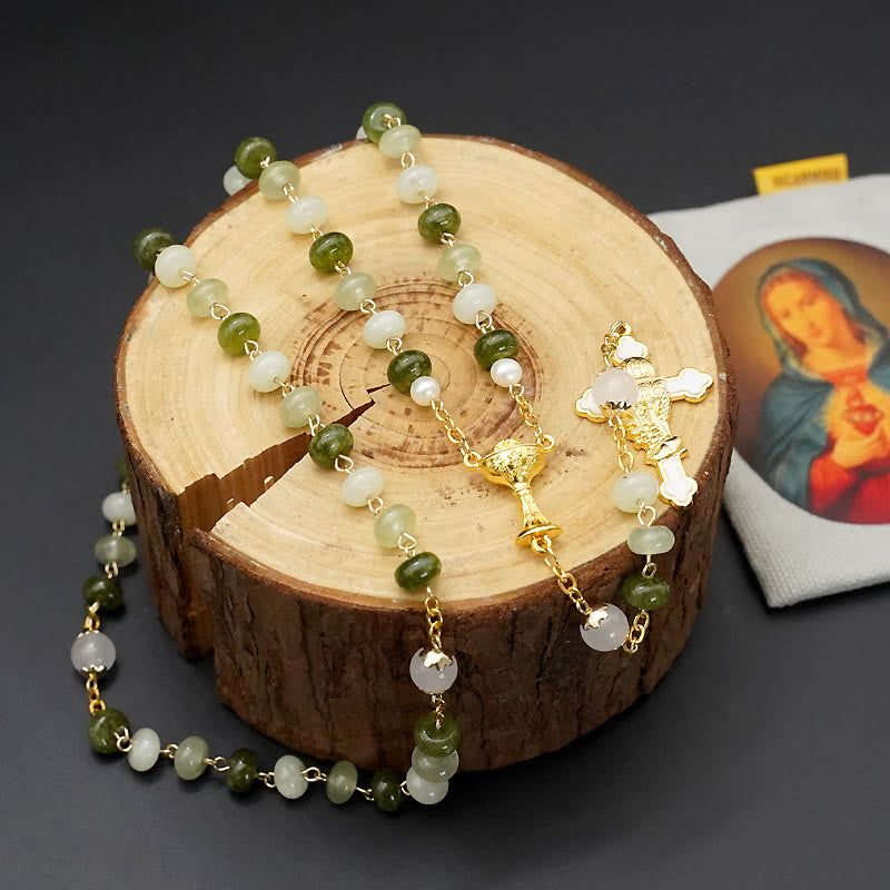 christiandiscipleshop Holy Grail & Crucifix with Eucharistic of 5*8 mm Round Green Chalcedony Alloy Chain Rosary