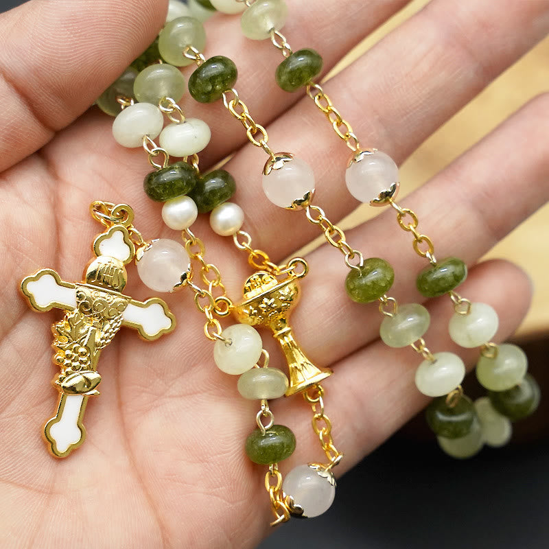 christiandiscipleshop Holy Grail & Crucifix with Eucharistic of 5*8 mm Round Green Chalcedony Alloy Chain Rosary