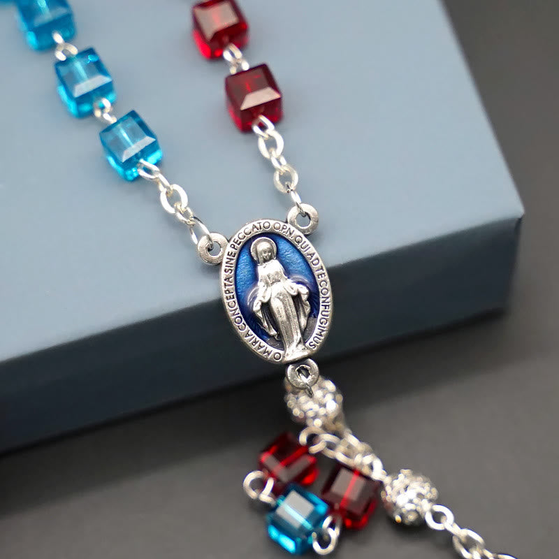 christiandiscipleshop Miraculous Medal & Crucifix of 6 mm Square Multicolor Crystal Alloy Chain Rosary