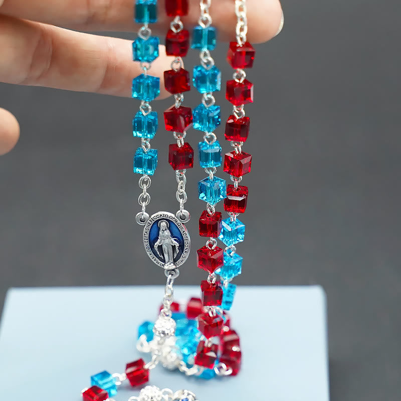 christiandiscipleshop Miraculous Medal & Crucifix of 6 mm Square Multicolor Crystal Alloy Chain Rosary