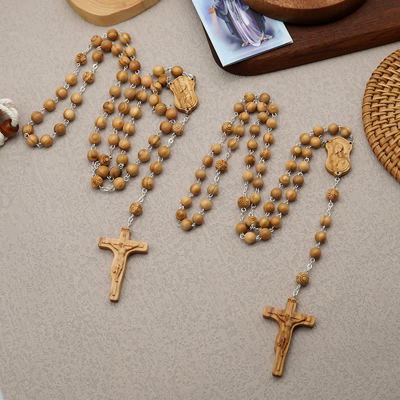 christiandiscipleshop Madonna and Child & Crucifix of 8 mm Round Multicolor Olive Wood Alloy Chain Rosary