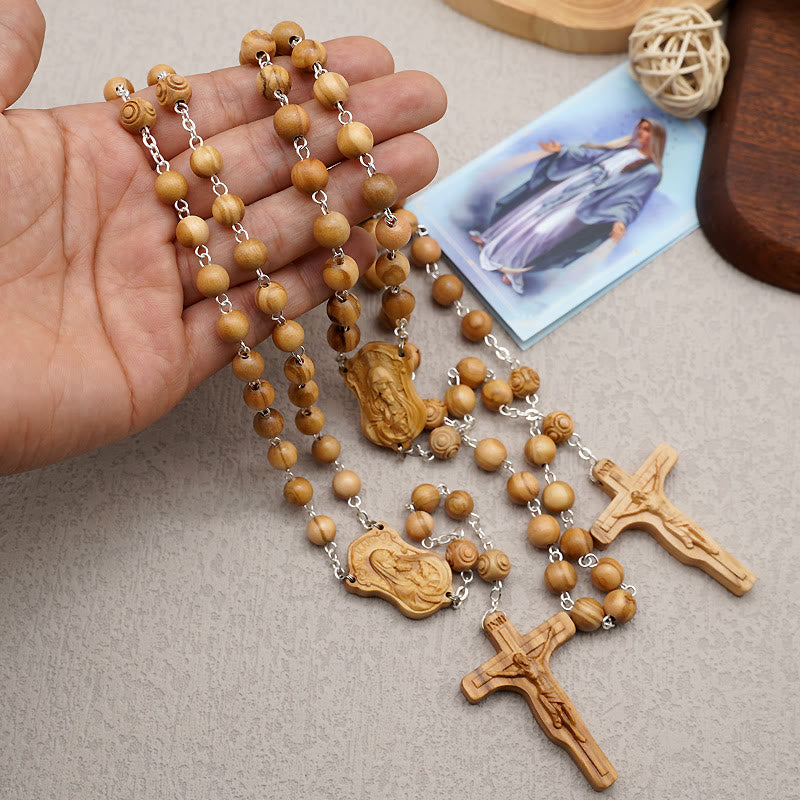 christiandiscipleshop Madonna and Child & Crucifix of 8 mm Round Multicolor Olive Wood Alloy Chain Rosary