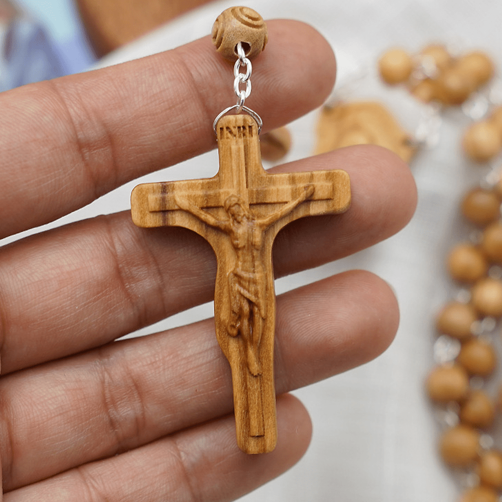 christiandiscipleshop Madonna and Child & Crucifix of 8 mm Round Multicolor Olive Wood Alloy Chain Rosary