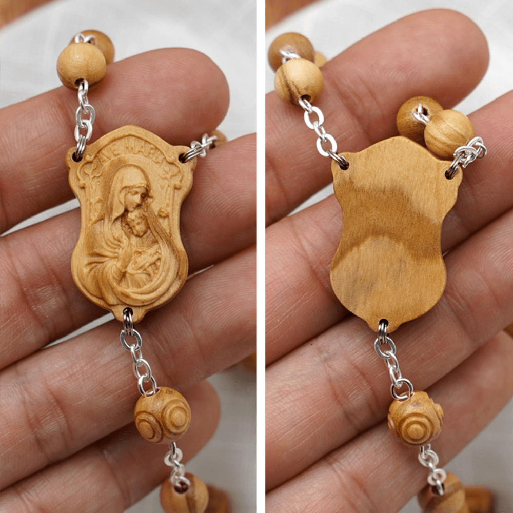 christiandiscipleshop Madonna and Child & Crucifix of 8 mm Round Multicolor Olive Wood Alloy Chain Rosary