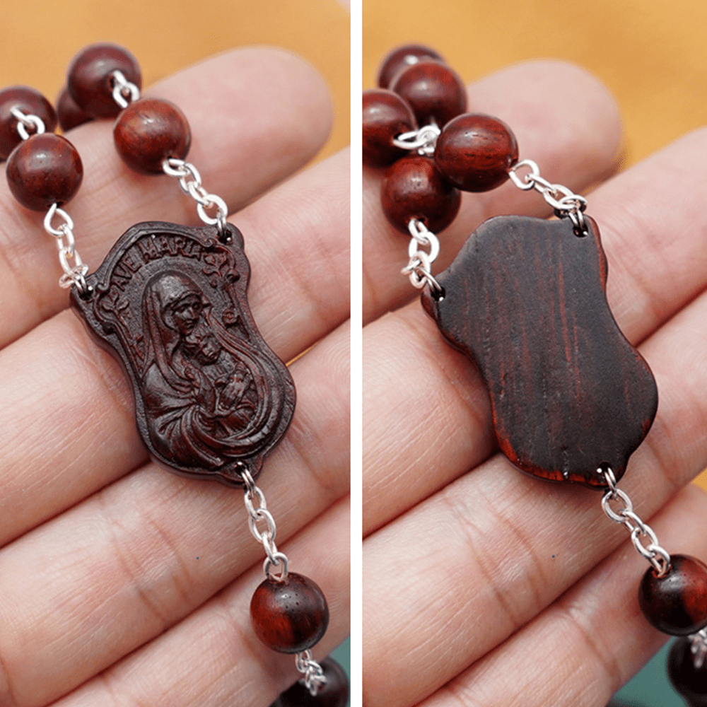 christiandiscipleshop Madonna and Child & Crucifix of 8 mm Round Multicolor Olive Wood Alloy Chain Rosary
