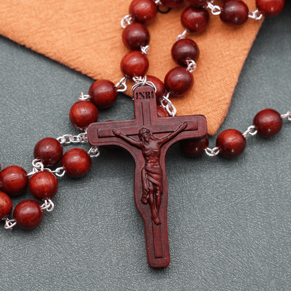 christiandiscipleshop Madonna and Child & Crucifix of 8 mm Round Multicolor Olive Wood Alloy Chain Rosary