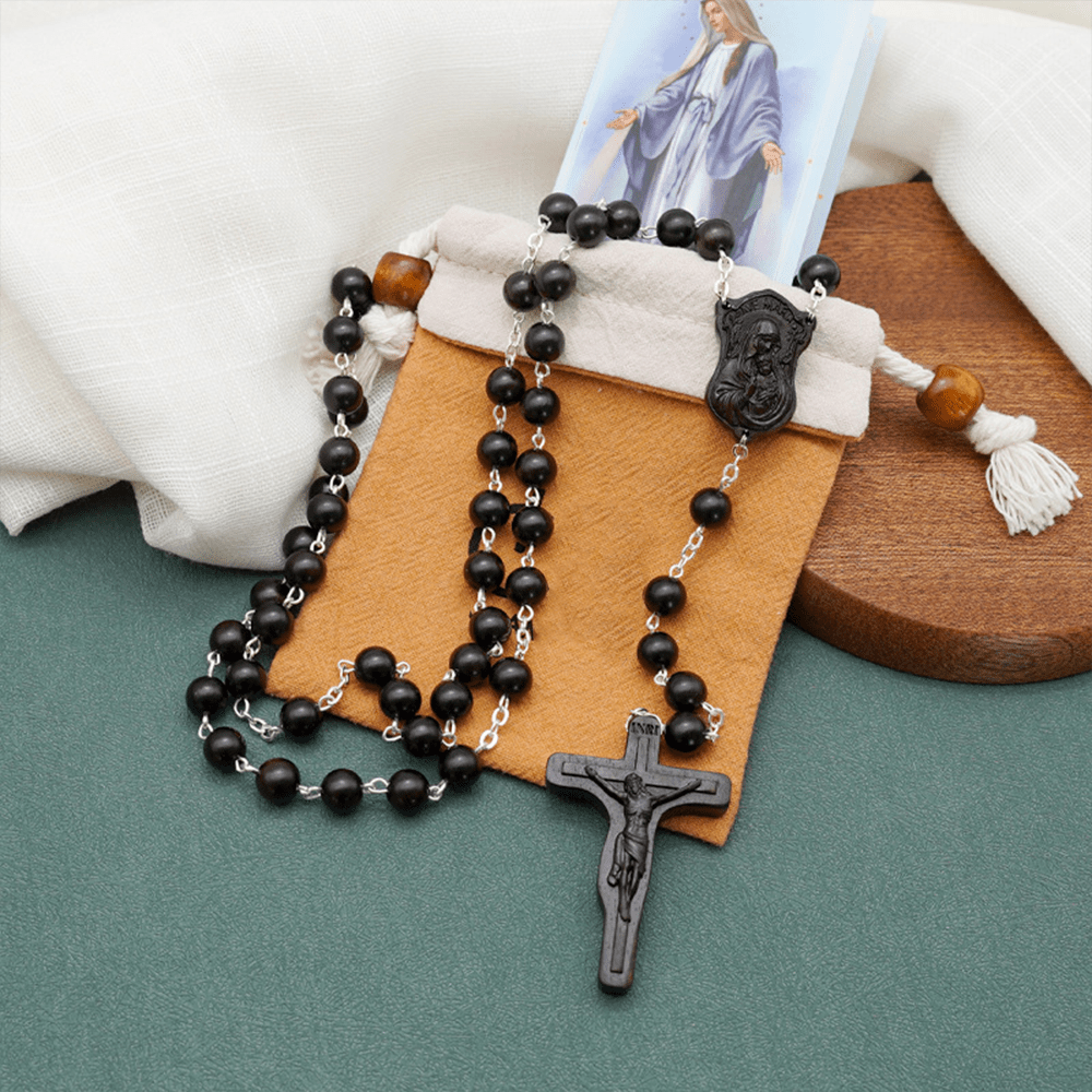 christiandiscipleshop Madonna and Child & Crucifix of 8 mm Round Multicolor Olive Wood Alloy Chain Rosary