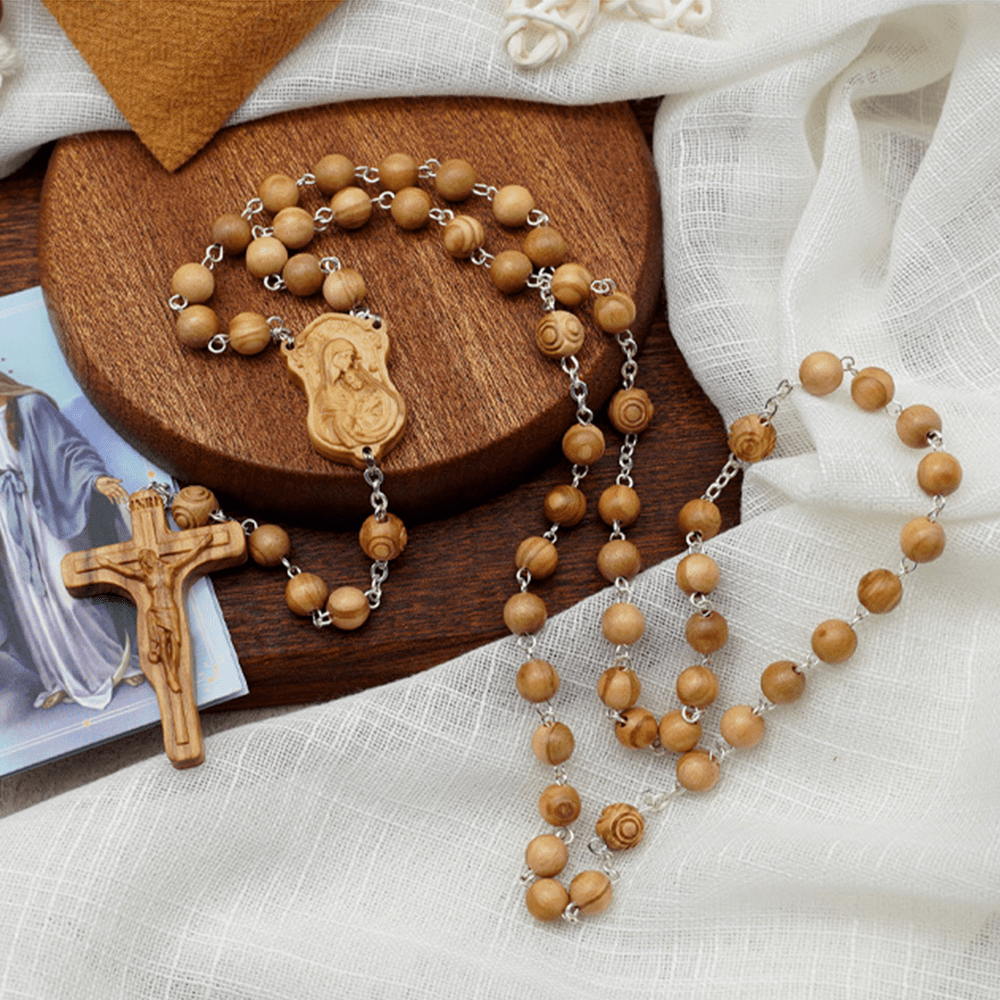 christiandiscipleshop Madonna and Child & Crucifix of 8 mm Round Multicolor Olive Wood Alloy Chain Rosary