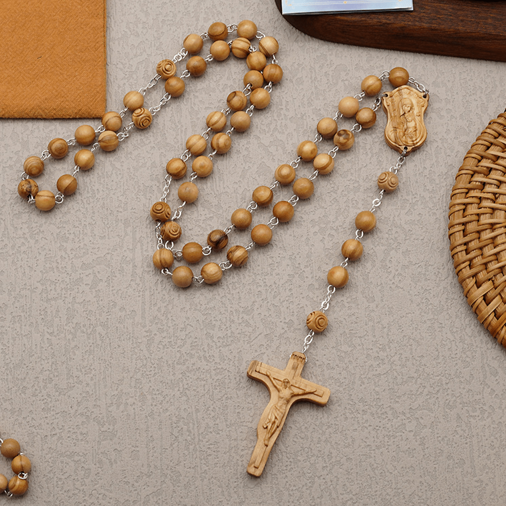 christiandiscipleshop Madonna and Child & Crucifix of 8 mm Round Multicolor Olive Wood Alloy Chain Rosary