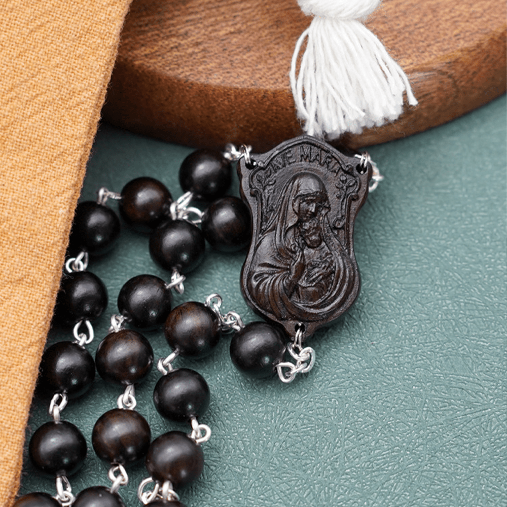 christiandiscipleshop Madonna and Child & Crucifix of 8 mm Round Multicolor Olive Wood Alloy Chain Rosary