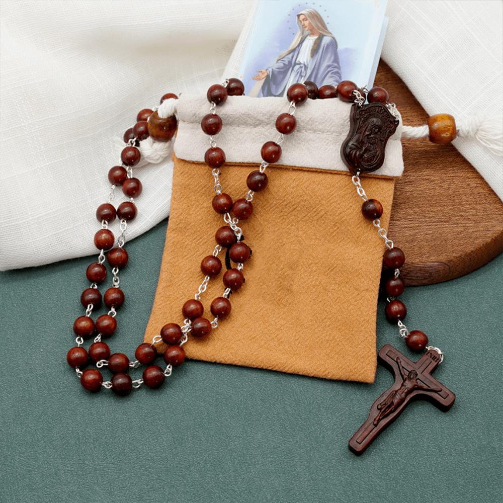 christiandiscipleshop Madonna and Child & Crucifix of 8 mm Round Multicolor Olive Wood Alloy Chain Rosary