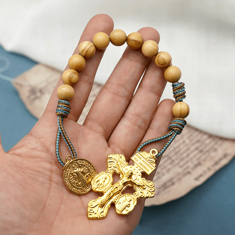 Christiandiscipleshop St. Benedict Medal & Crucifix of 10 mm Round Golden Olive Wood Nylon Cord Pocket Rosary