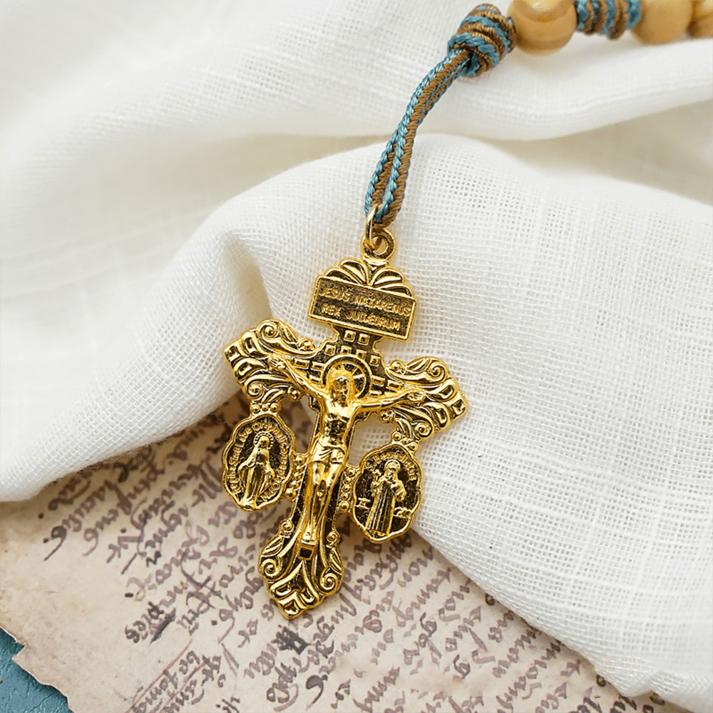 Christiandiscipleshop St. Benedict Medal & Crucifix of 10 mm Round Golden Olive Wood Nylon Cord Pocket Rosary