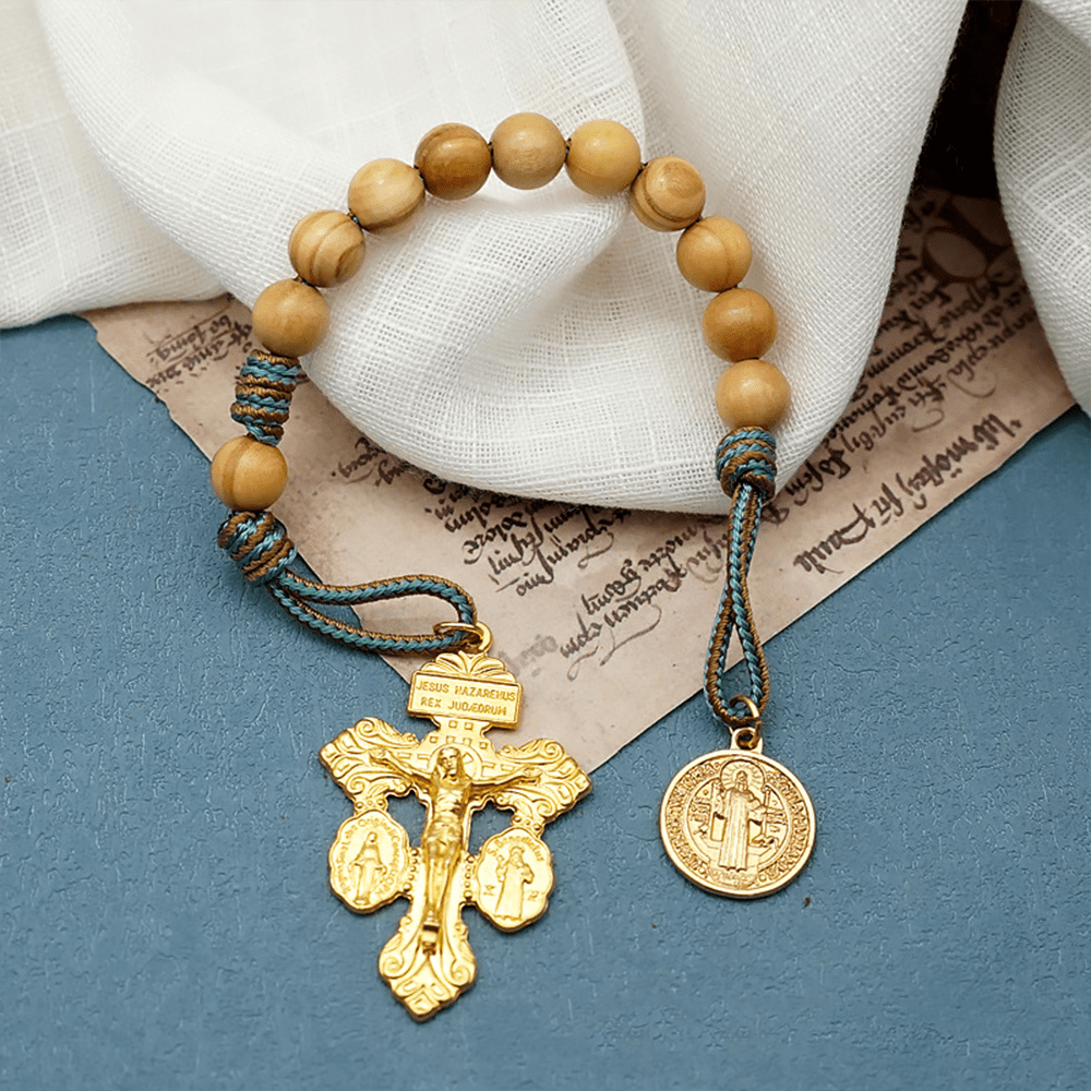 Christiandiscipleshop St. Benedict Medal & Crucifix of 10 mm Round Golden Olive Wood Nylon Cord Pocket Rosary