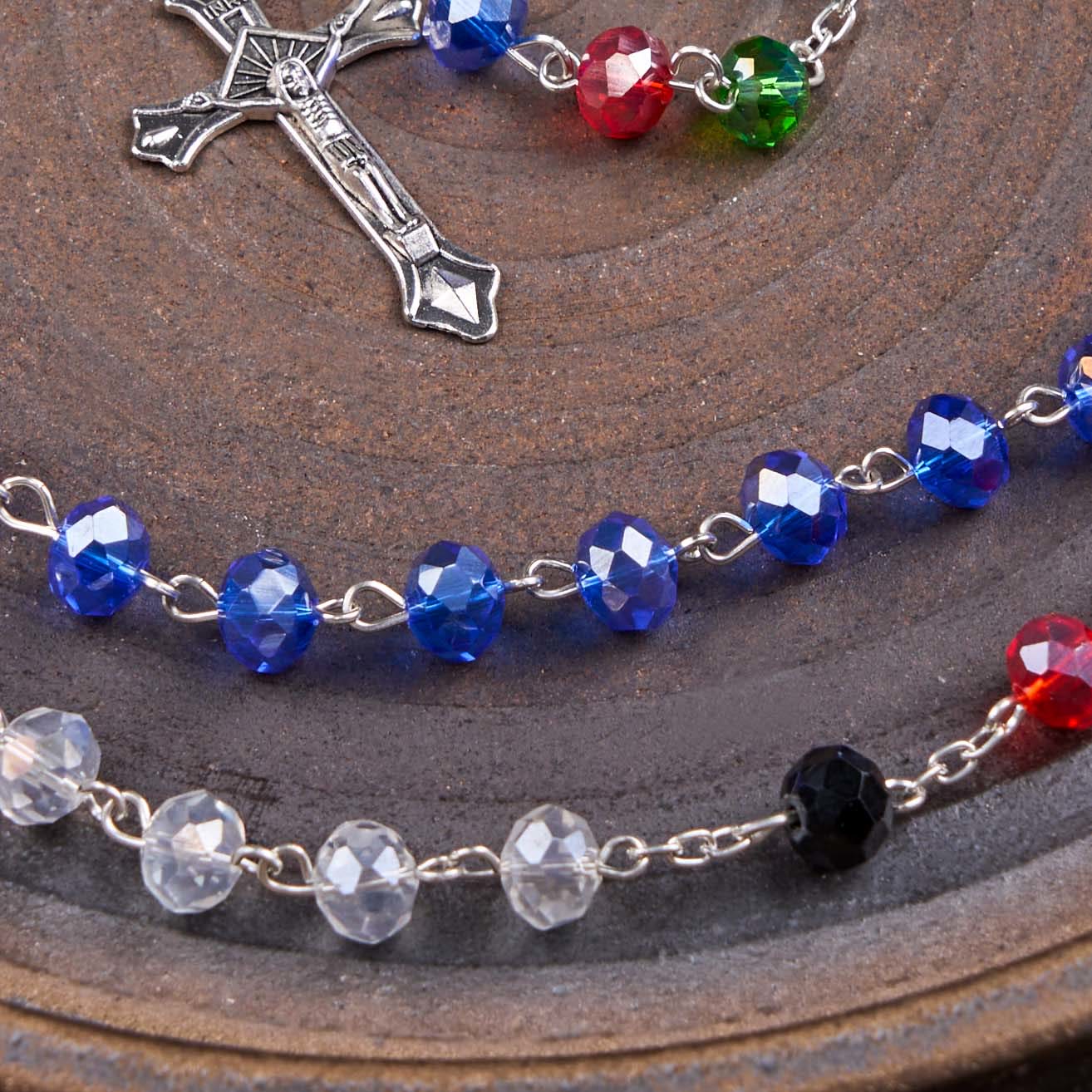 christiandiscipleshop Miraculous Medal & Crucifix of 6 mm Polyhedron Multicolor Crystal Alloy Chain Rosary