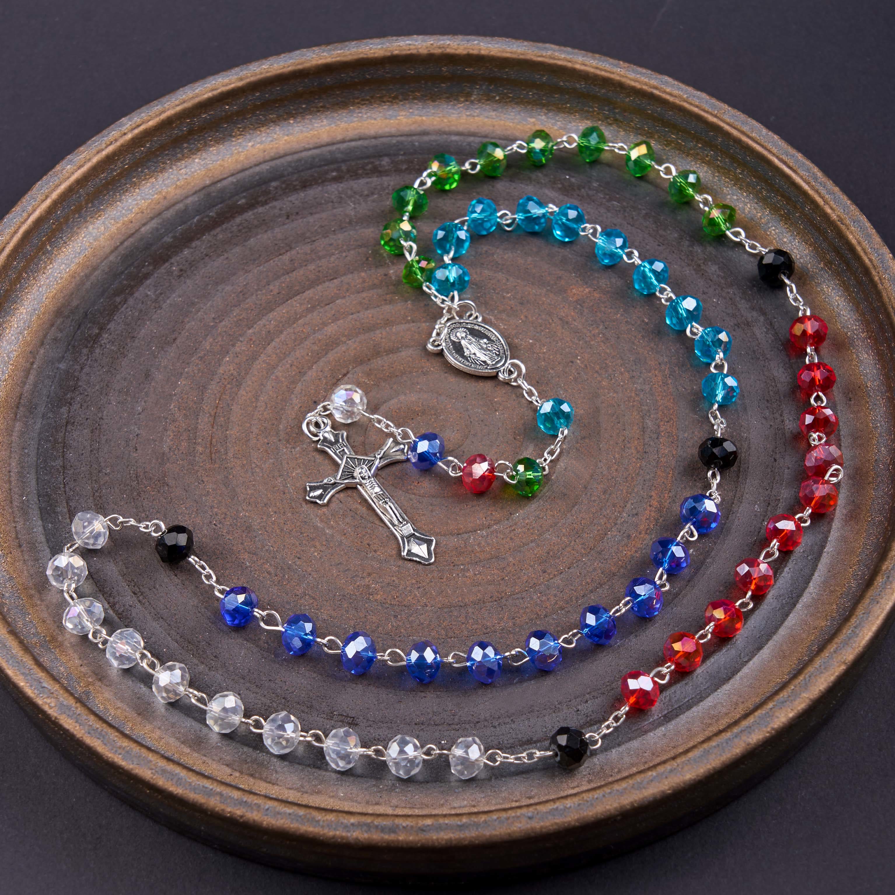 christiandiscipleshop Miraculous Medal & Crucifix of 6 mm Polyhedron Multicolor Crystal Alloy Chain Rosary