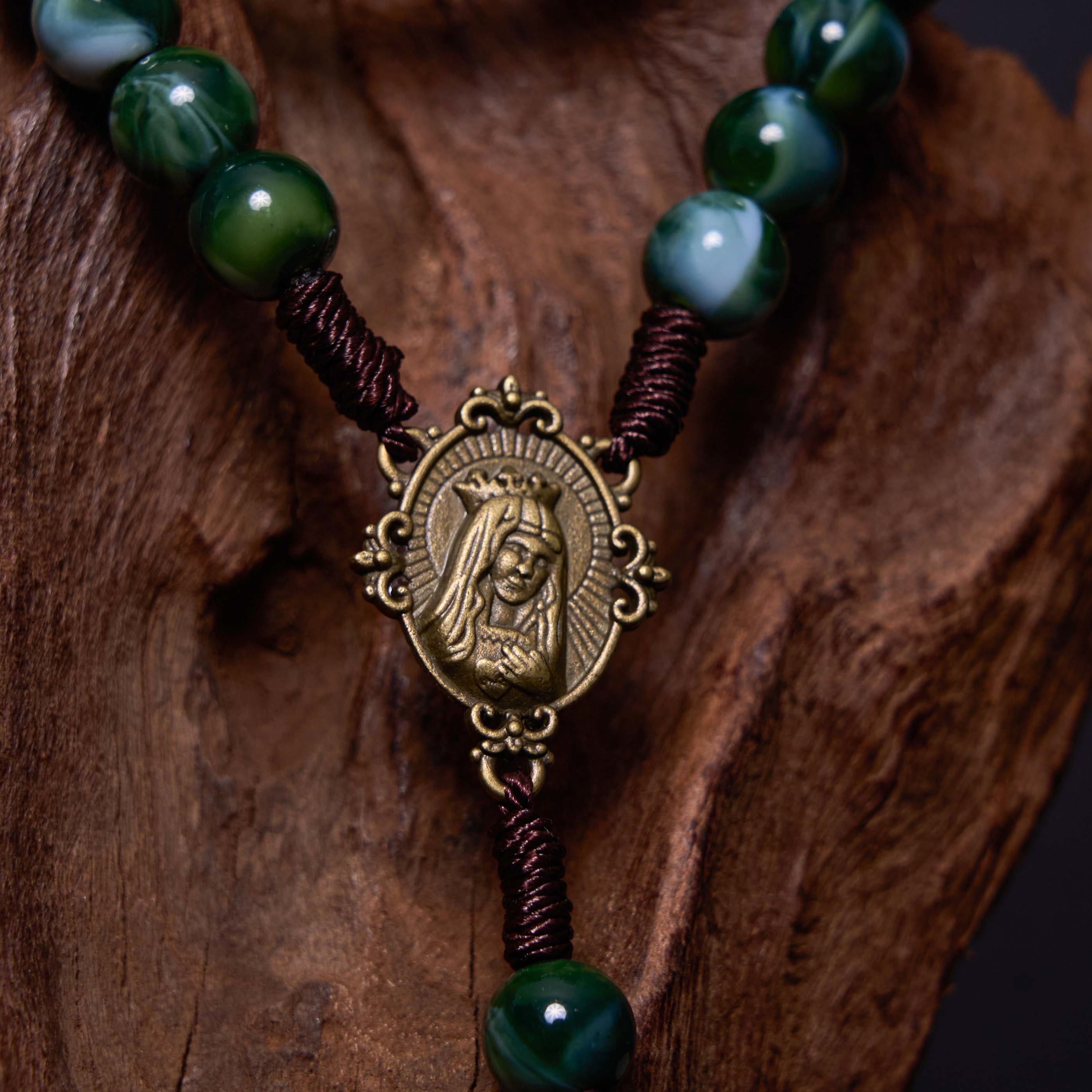 Christiandiscipleshop Our Lady of Guadalupe & Crucifix of 10 mm Round Green Agate Nylon Cord Rosary