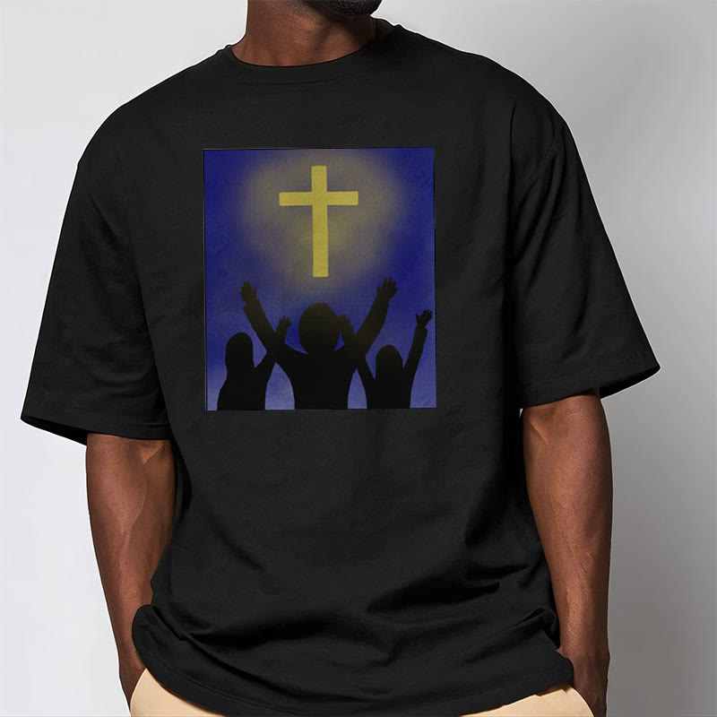 christiandiscipleshop Minimalist Style Christian Faith Inspirational Cross and Worshippers Short Sleeve Washed T-shirt