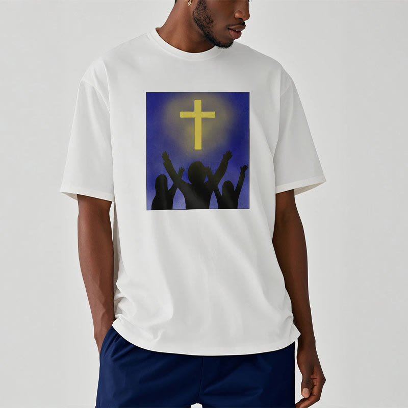 christiandiscipleshop Minimalist Style Christian Faith Inspirational Cross and Worshippers Short Sleeve Washed T-shirt