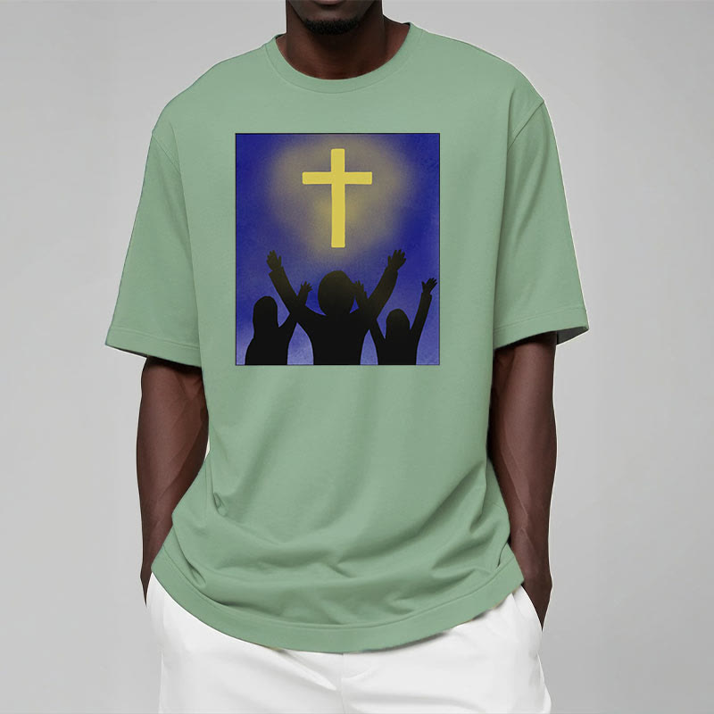 christiandiscipleshop Minimalist Style Christian Faith Inspirational Cross and Worshippers Short Sleeve Washed T-shirt