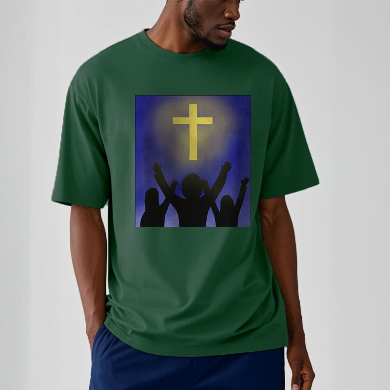 christiandiscipleshop Minimalist Style Christian Faith Inspirational Cross and Worshippers Short Sleeve Washed T-shirt