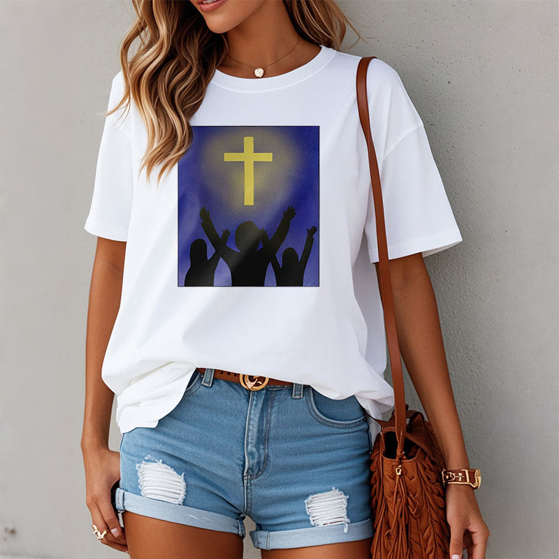 christiandiscipleshop Minimalist Style Christian Faith Inspirational Cross and Worshippers Short Sleeve Washed T-shirt