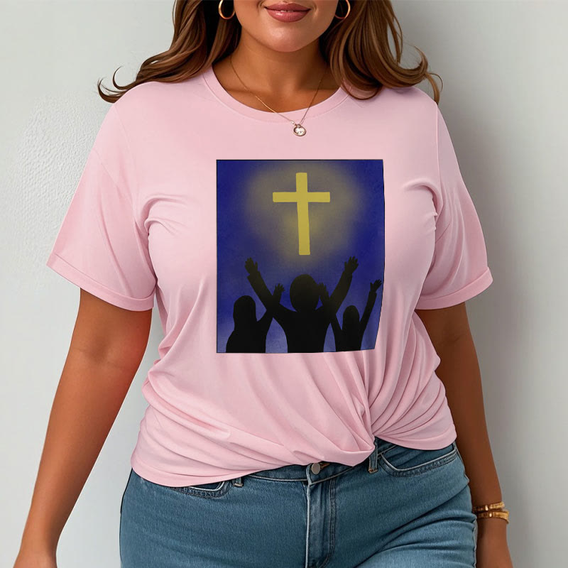 christiandiscipleshop Minimalist Style Christian Faith Inspirational Cross and Worshippers Short Sleeve Washed T-shirt