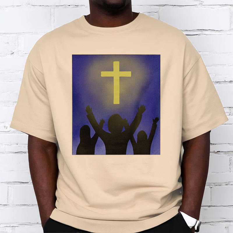 christiandiscipleshop Minimalist Style Christian Faith Inspirational Cross and Worshippers Short Sleeve Washed T-shirt