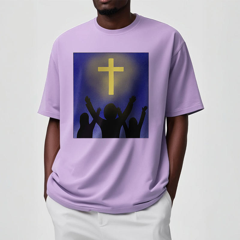 christiandiscipleshop Minimalist Style Christian Faith Inspirational Cross and Worshippers Short Sleeve Washed T-shirt