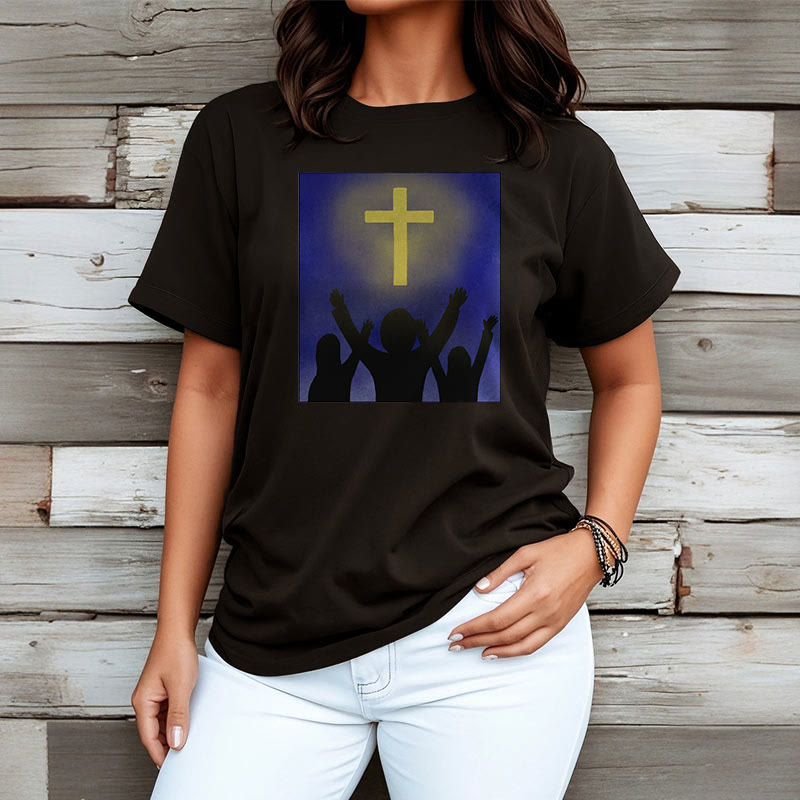 christiandiscipleshop Minimalist Style Christian Faith Inspirational Cross and Worshippers Short Sleeve Washed T-shirt