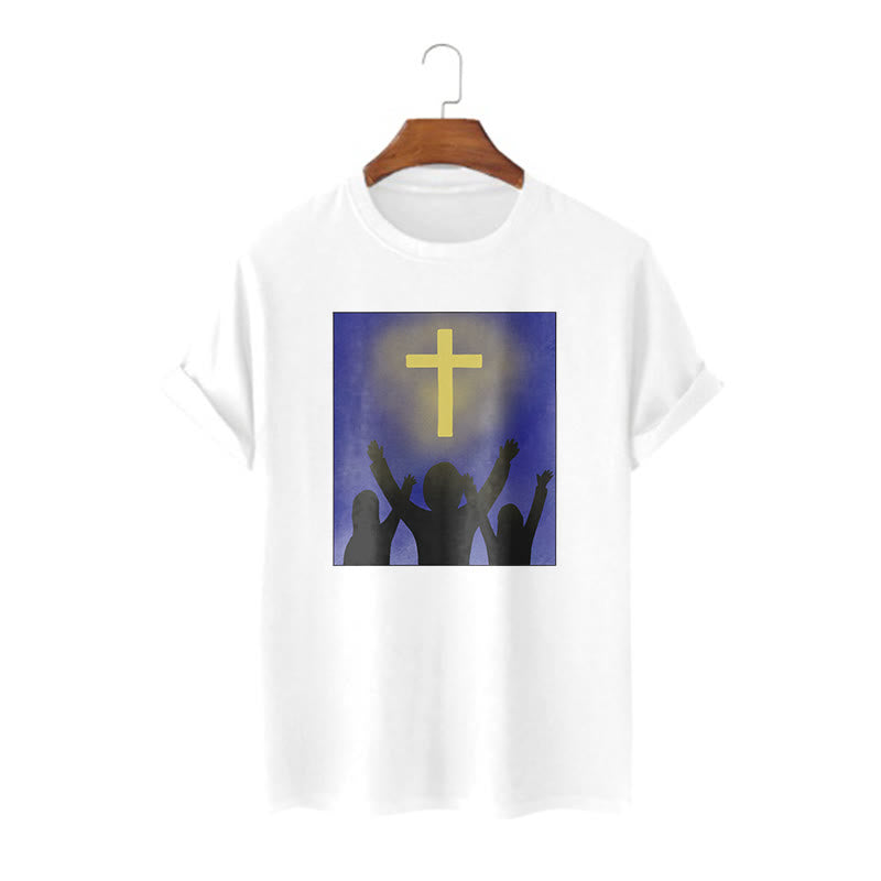 christiandiscipleshop Minimalist Style Christian Faith Inspirational Cross and Worshippers Short Sleeve Washed T-shirt