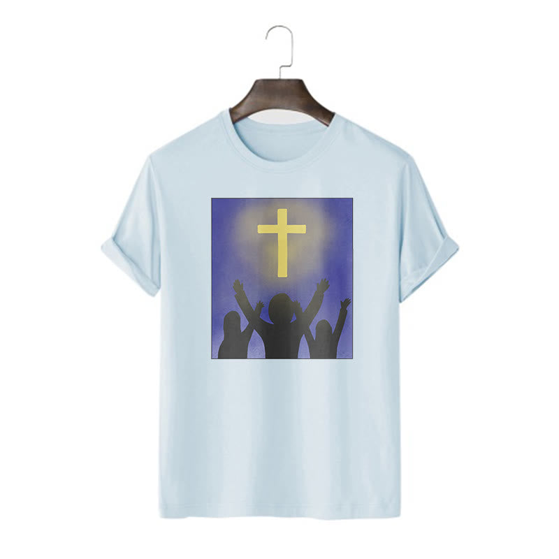 christiandiscipleshop Minimalist Style Christian Faith Inspirational Cross and Worshippers Short Sleeve Washed T-shirt
