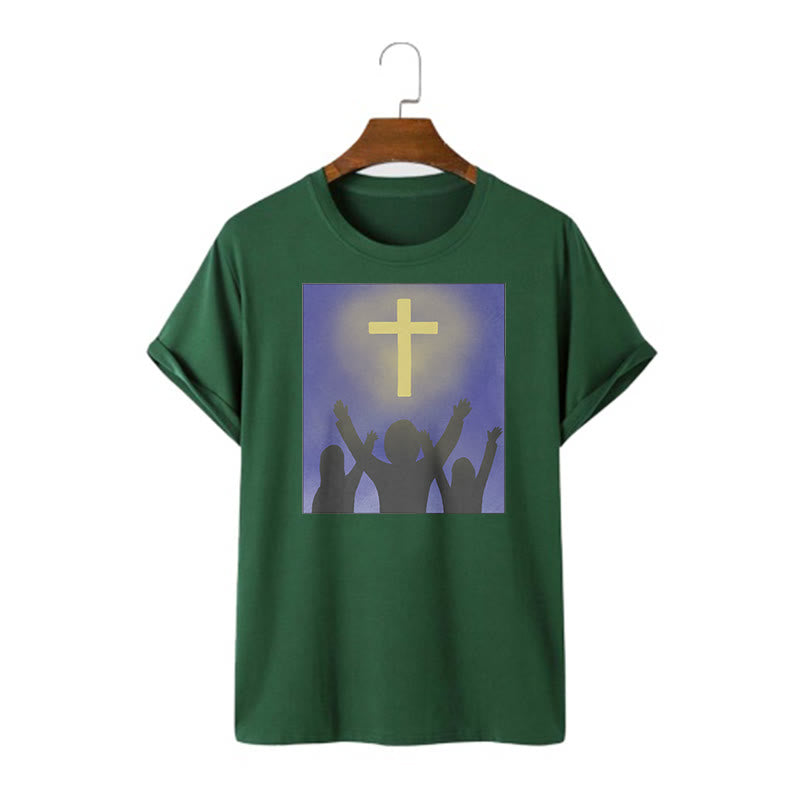 christiandiscipleshop Minimalist Style Christian Faith Inspirational Cross and Worshippers Short Sleeve Washed T-shirt