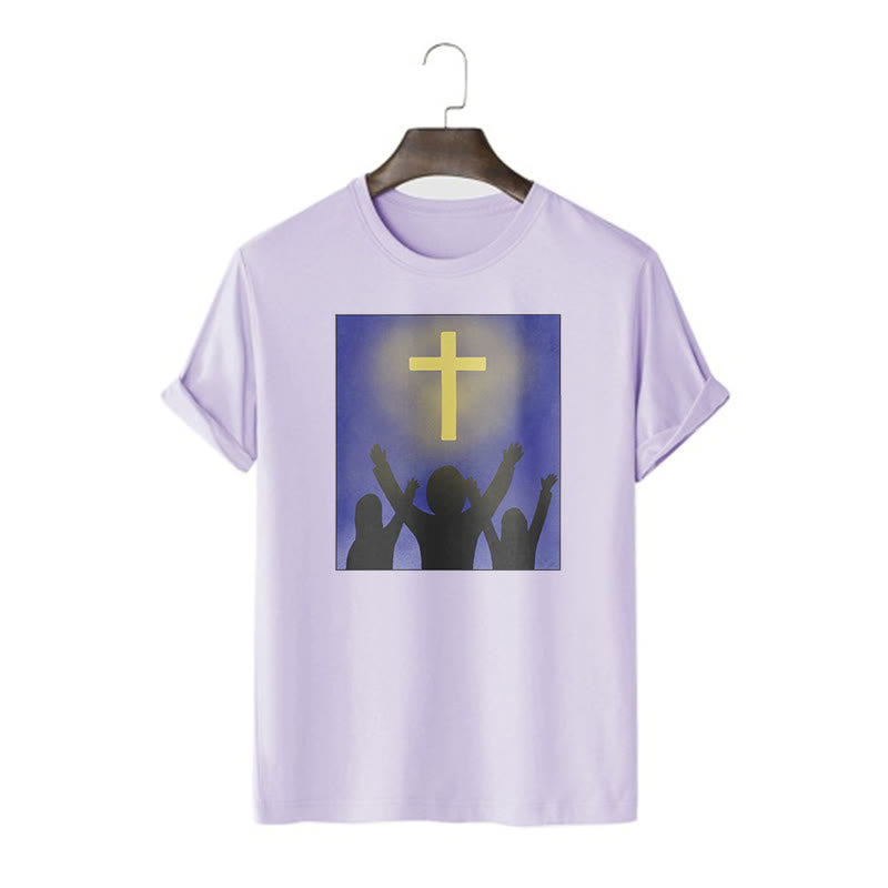 christiandiscipleshop Minimalist Style Christian Faith Inspirational Cross and Worshippers Short Sleeve Washed T-shirt