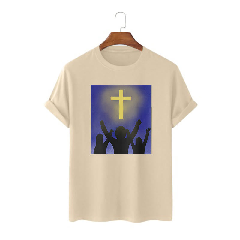 christiandiscipleshop Minimalist Style Christian Faith Inspirational Cross and Worshippers Short Sleeve Washed T-shirt