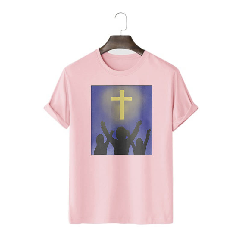 christiandiscipleshop Minimalist Style Christian Faith Inspirational Cross and Worshippers Short Sleeve Washed T-shirt
